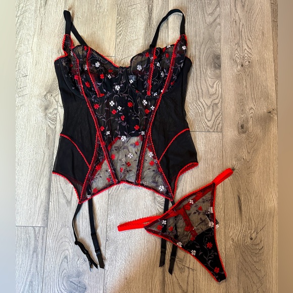 Adore Me Other - adore me black red and white floral corset bustier and panty set size 40DD/1X